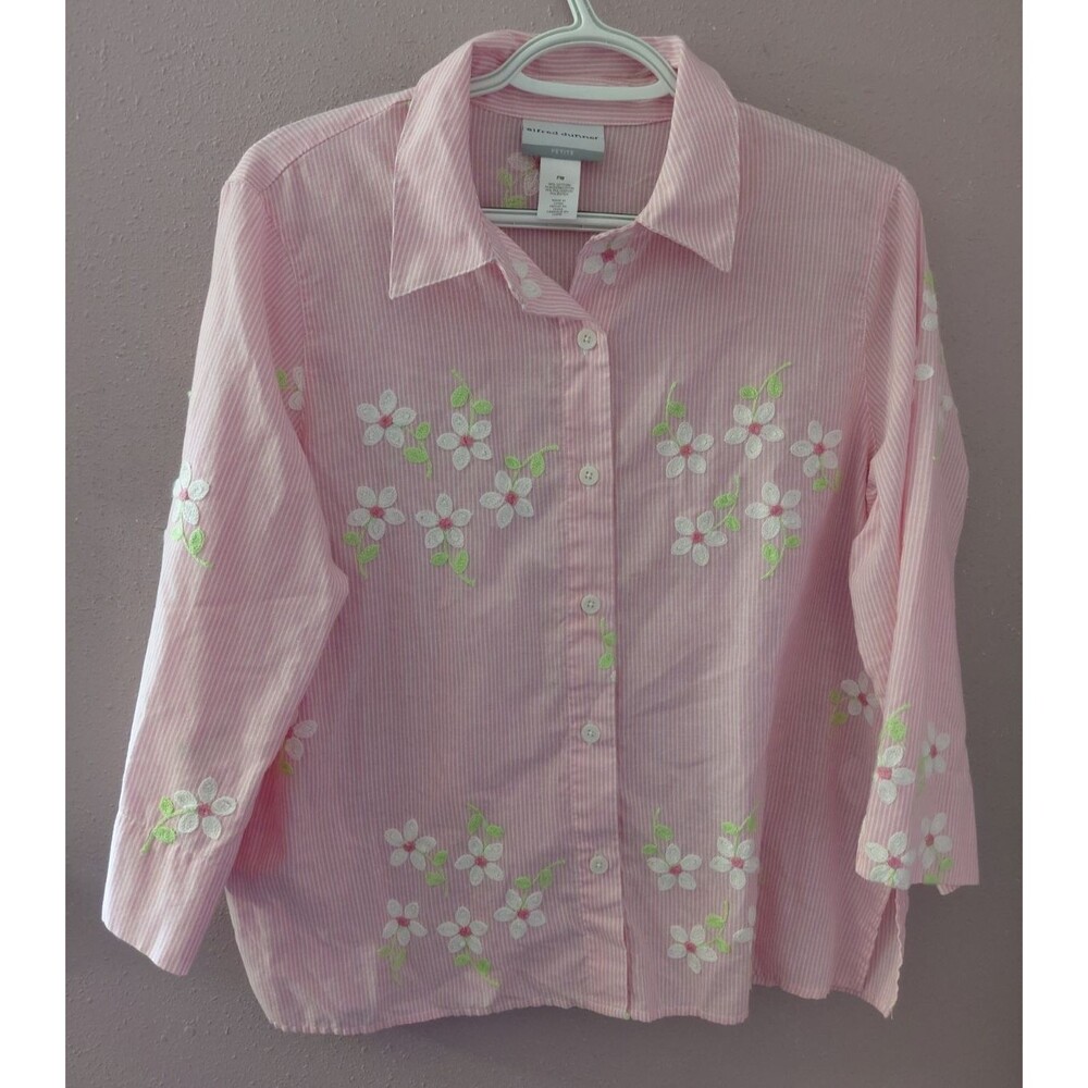 Alfred Dunner Grandma Core Embroidered Floral Pinstripe Button-Down Shirt Sz PS